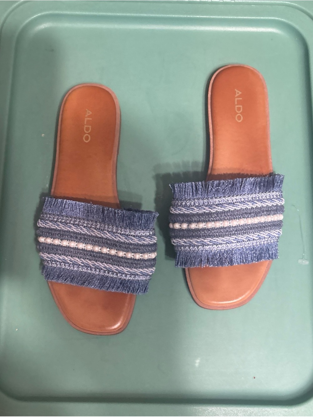 ALDO Blue Fringe Pearl-Trim Slide Sandals - Picture 2 of 7